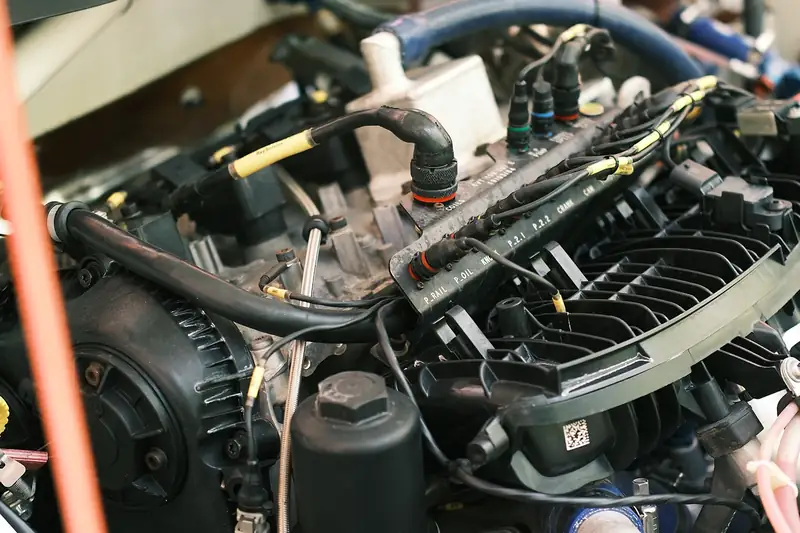 Engine bay with hoses and coolant reservoir